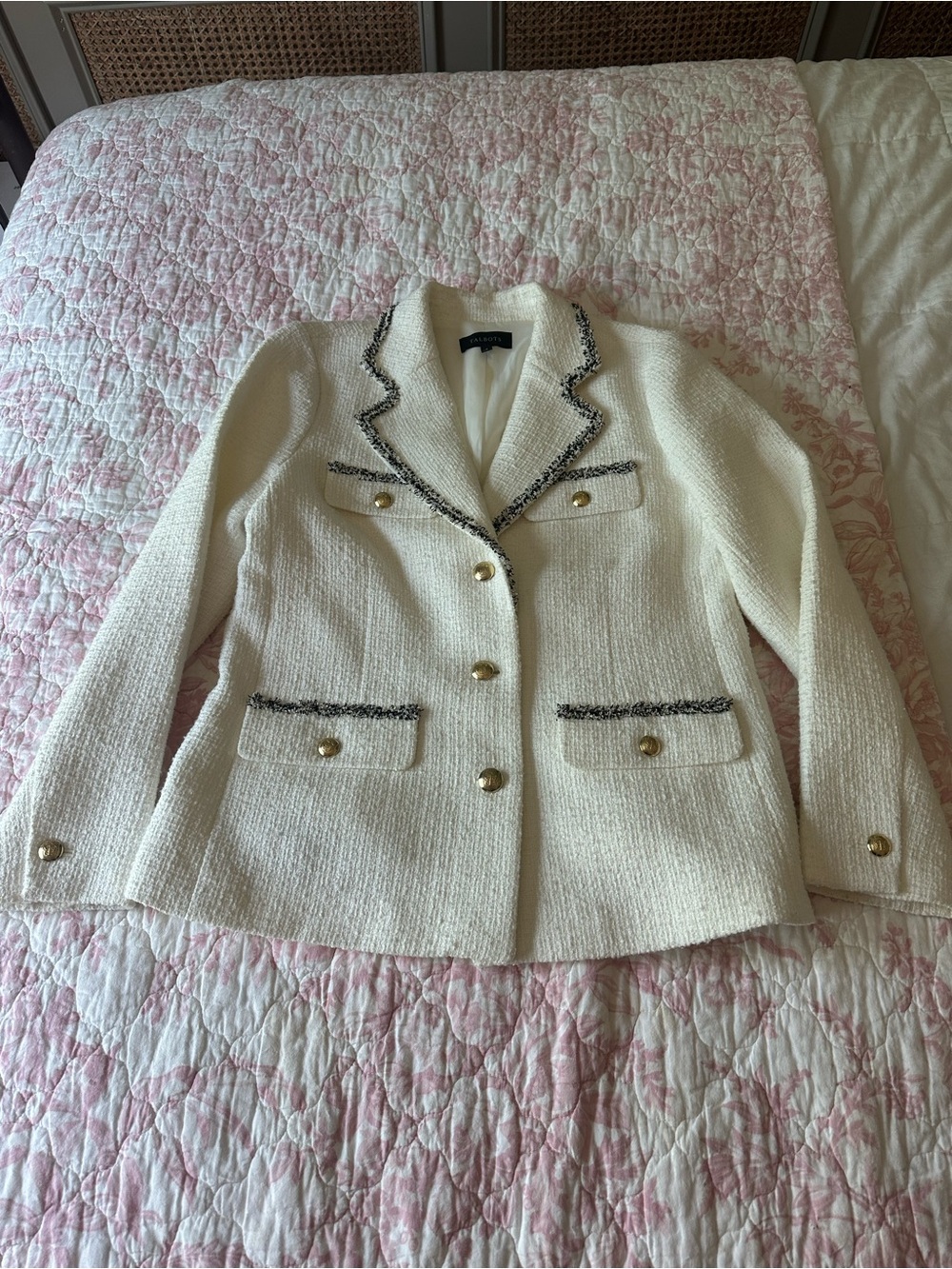 Talbots Cream Bouclé Blazer with Black Trim and Gold Buttons